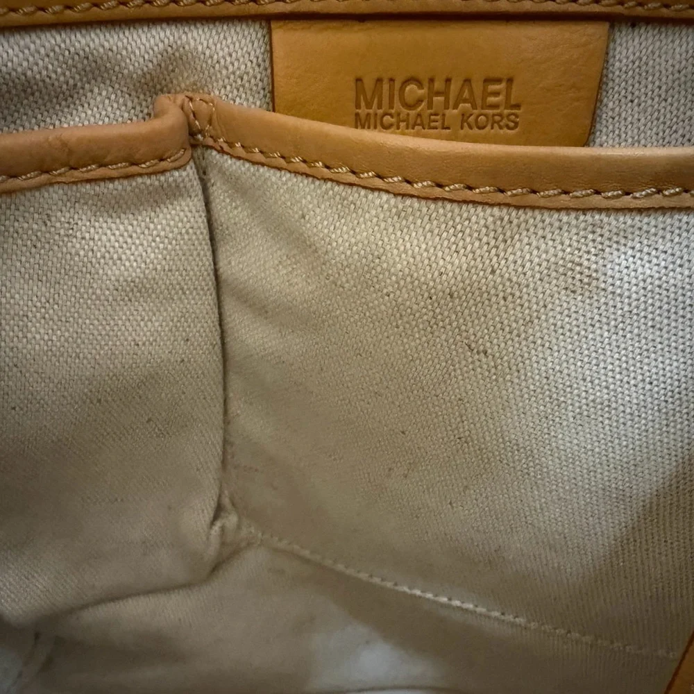Michael Kors White And Tan Leather Bucket Bag